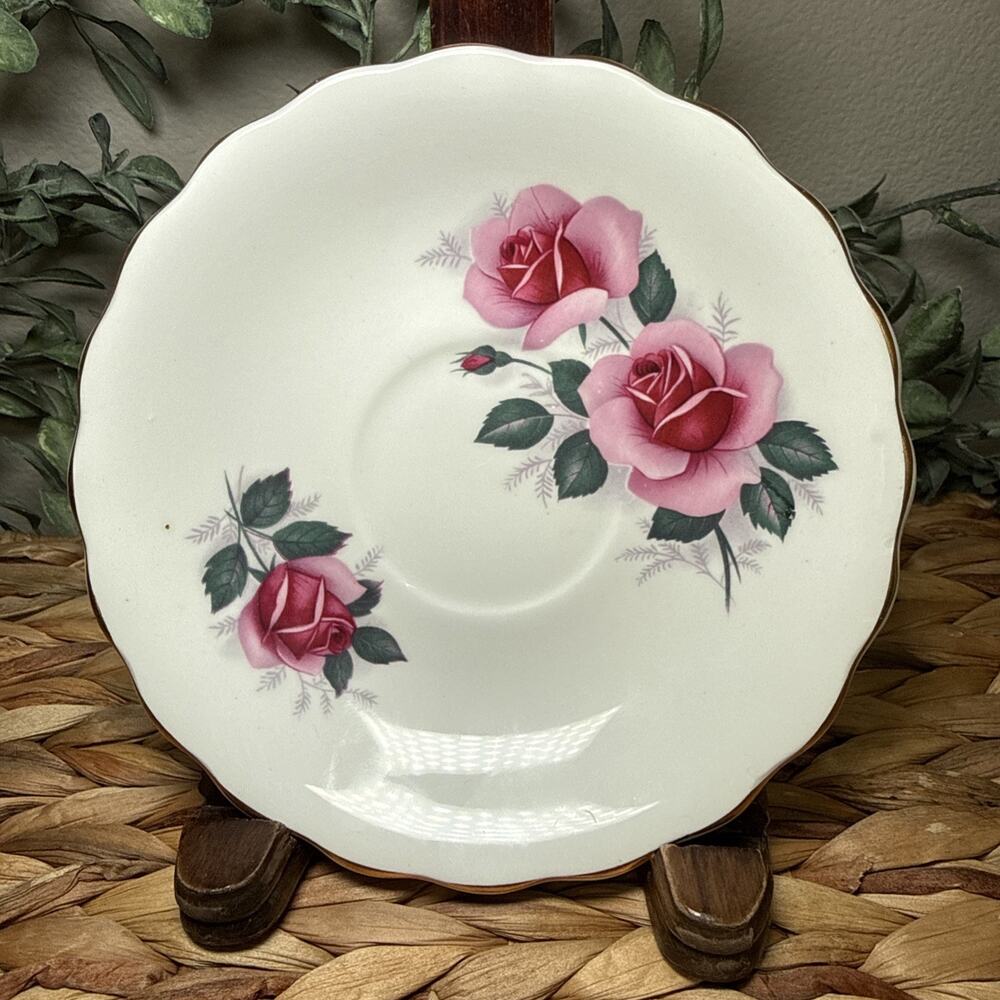 Royal Dover Bone China Saucer Pink Roses England Vintage Scalloped Floral 5.5"